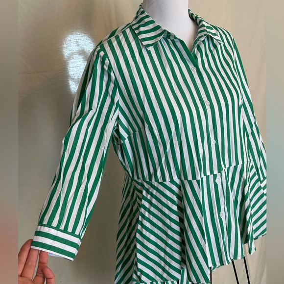Cato Green & White Striped Blouse peplum train button-front lrge high-low cotton - Picture 7 of 16